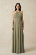 Thyme A-Line Halter Neck Pleated Chiffon Bridesmaid Dress | KISSBRIDAL