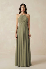 Thyme A-Line Halter Neck Pleated Chiffon Bridesmaid Dress | KISSBRIDAL