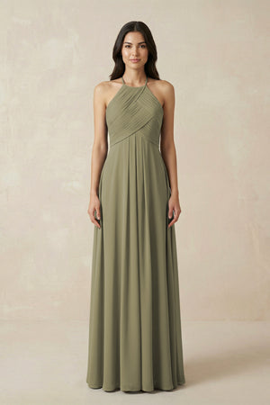 Thyme A-Line Halter Neck Pleated Chiffon Bridesmaid Dress | KISSBRIDAL