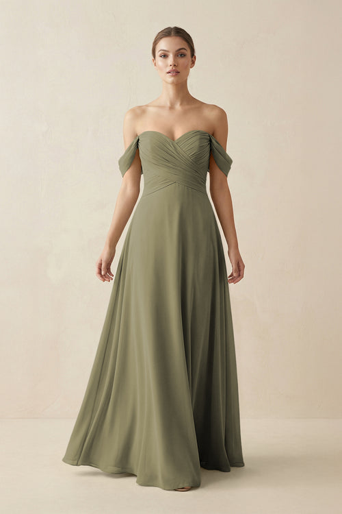 Thyme A-Line Off-the-Shoulder Chiffon Bridesmaid Dress | KISSBRIDAL