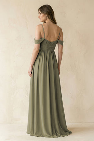 Thyme A-Line Off-the-Shoulder Pleated Chiffon Bridesmaid Dress (2) | KISSBRIDAL