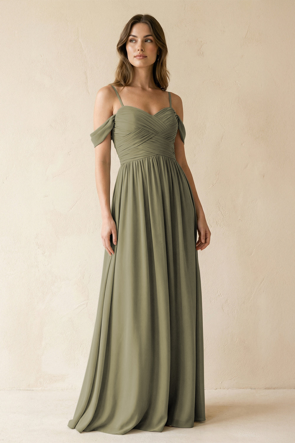 A-Line Off-the-Shoulder Pleated Chiffon Bridesmaid Dress in Thyme