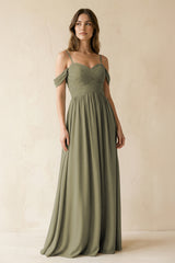 Thyme A-Line Off-the-Shoulder Pleated Chiffon Bridesmaid Dress | KISSBRIDAL