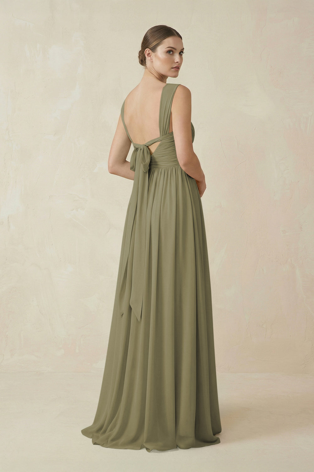 A-Line Pleated Chiffon Long Bridesmaid Dress in Thyme