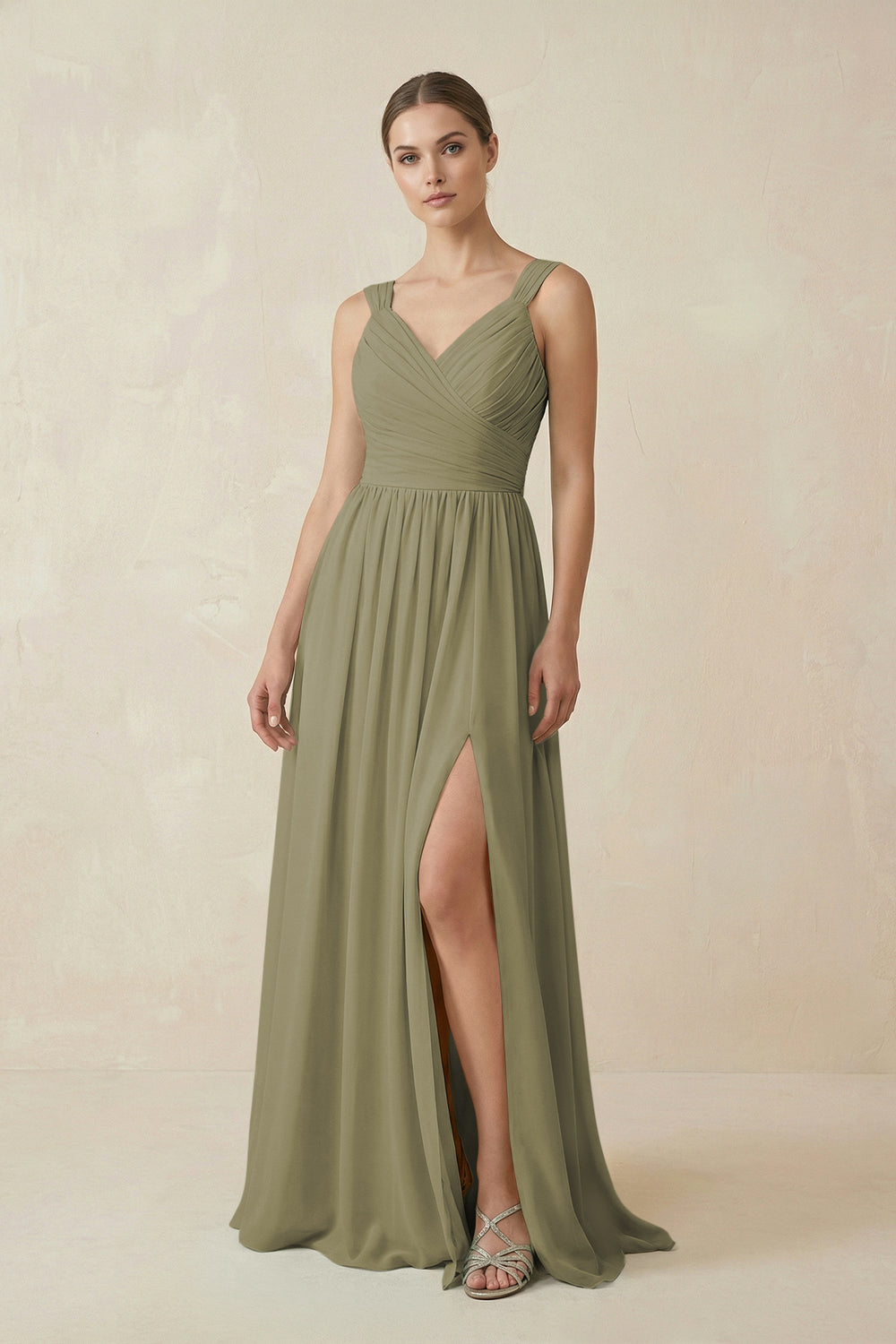 A-Line Pleated Chiffon Long Bridesmaid Dress in Thyme