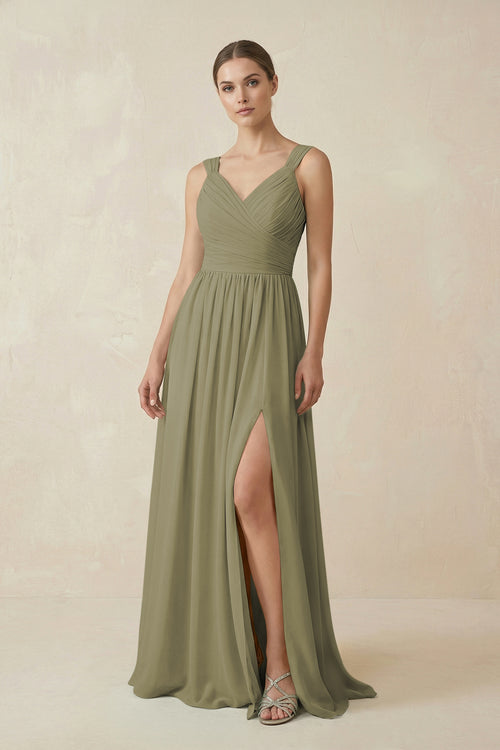 Thyme A-Line Pleated Chiffon Long Bridesmaid Dress | KISSBRIDAL