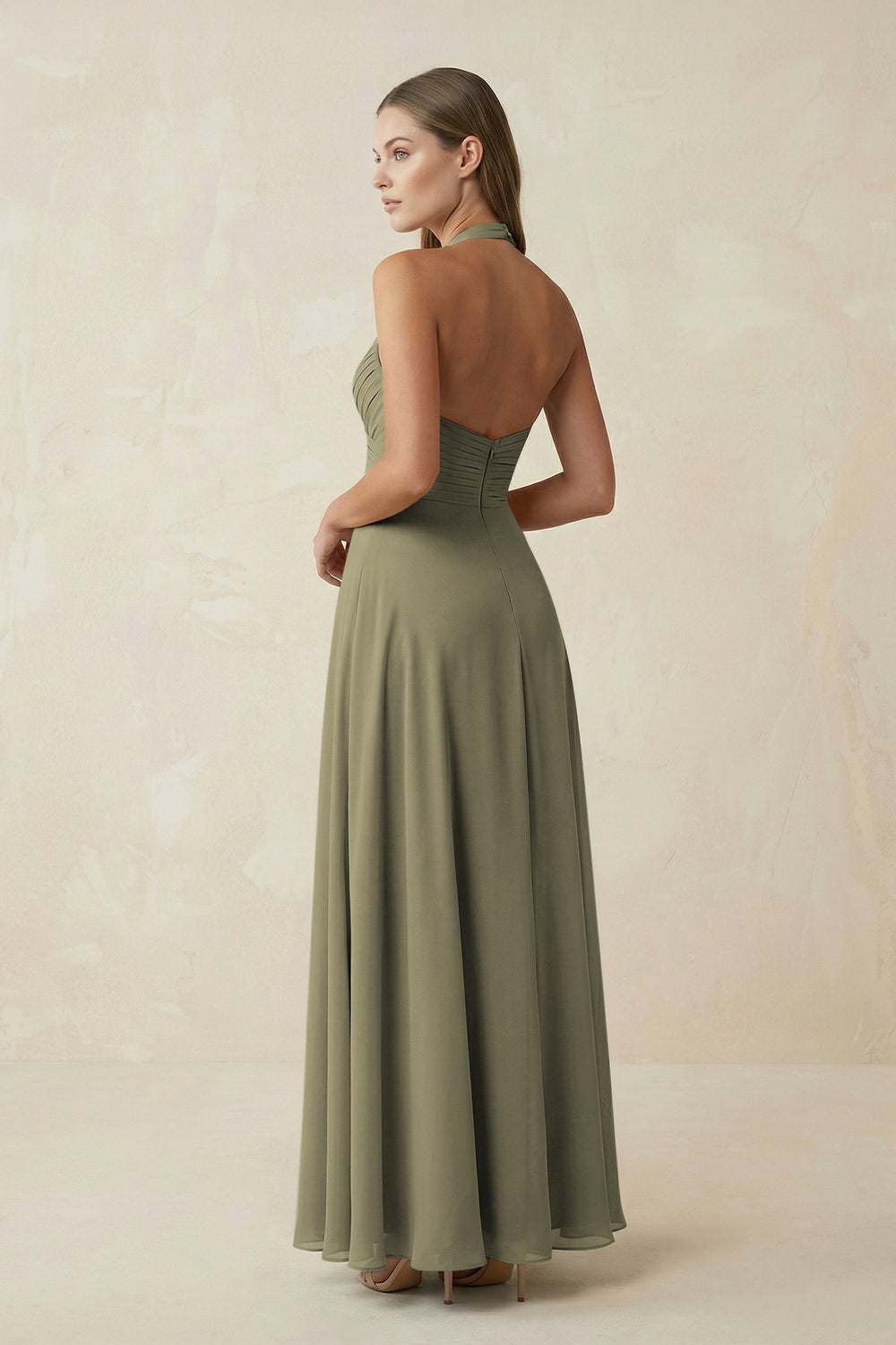 A-Line Pleated Chiffon V-Neck Bridesmaid Dress in Thyme