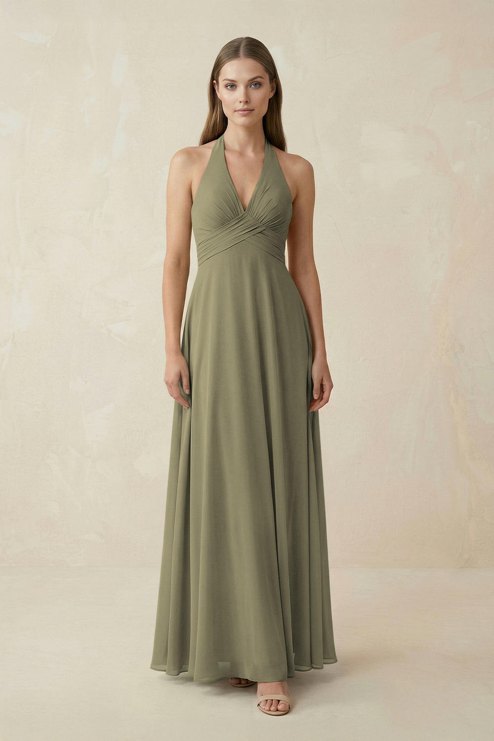 A-Line Pleated Chiffon V-Neck Bridesmaid Dress in Thyme