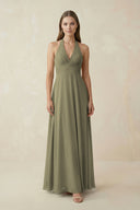 Thyme A-Line Pleated Chiffon V-Neck Bridesmaid Dress | KISSBRIDAL