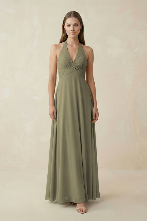 Thyme A-Line Pleated Chiffon V-Neck Bridesmaid Dress | KISSBRIDAL