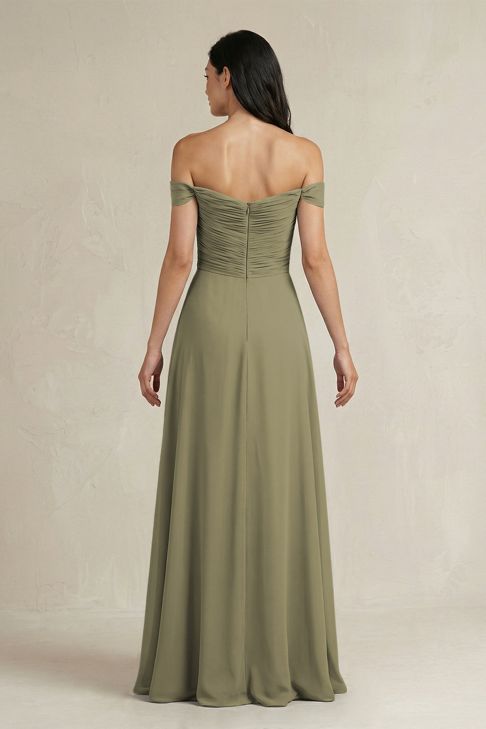 A-Line Pleated Off-the-Shoulder Chiffon Bridesmaid Dress in Thyme