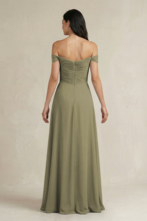 Thyme A-Line Pleated Off-the-Shoulder Chiffon Bridesmaid Dress (2) | KISSBRIDAL