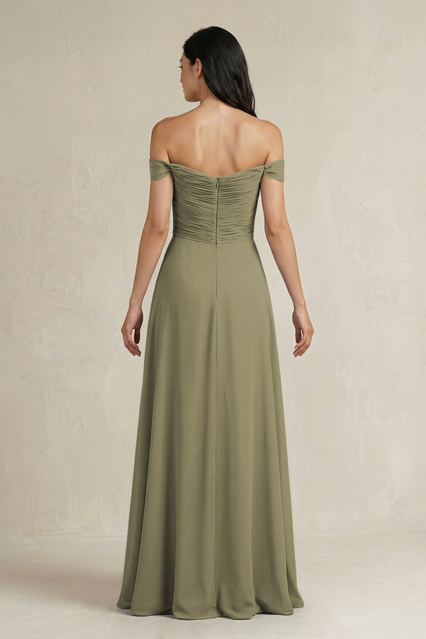 Thyme A-Line Pleated Off-the-Shoulder Chiffon Bridesmaid Dress (2) | KISSBRIDAL