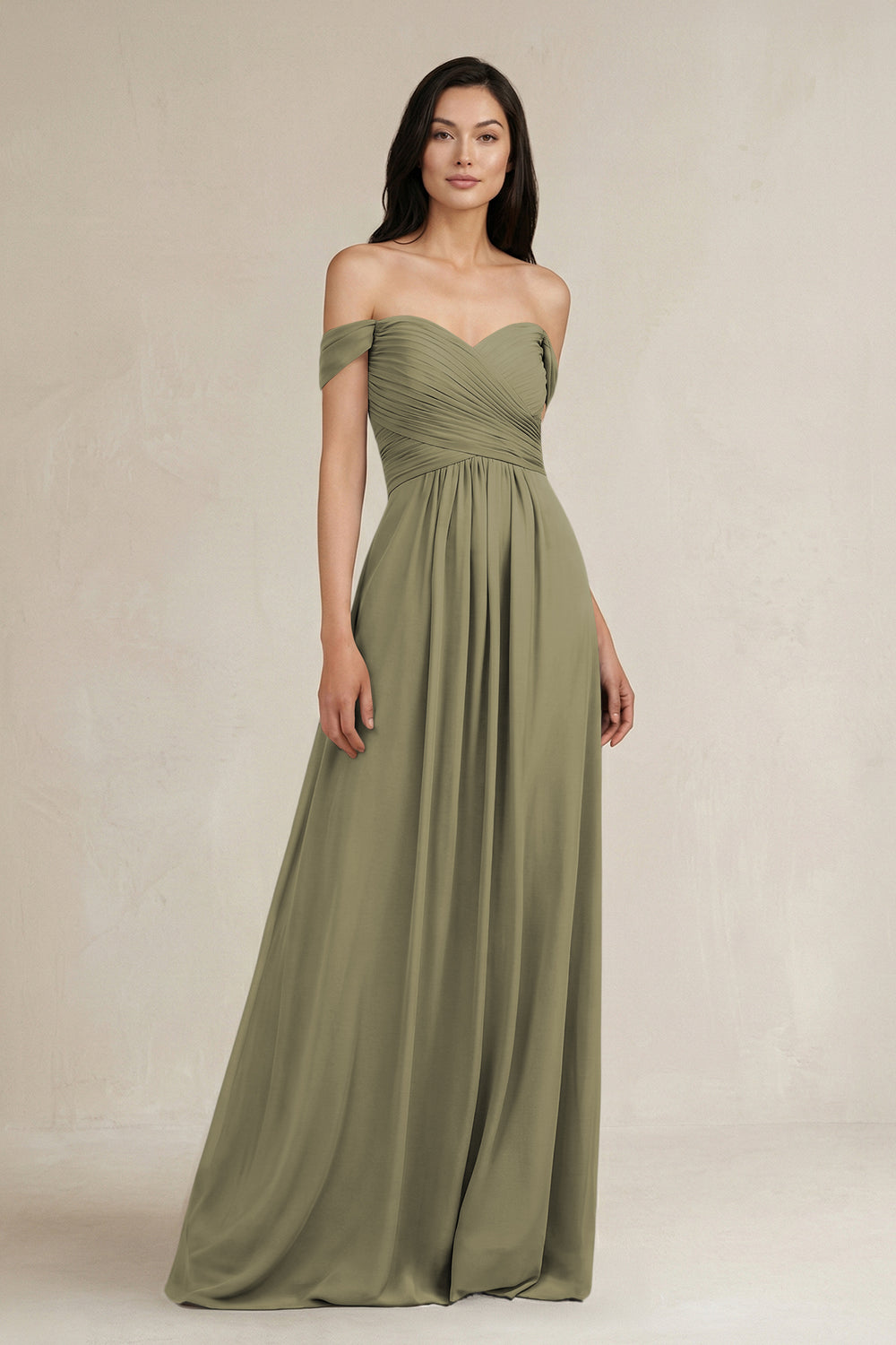 A-Line Pleated Off-the-Shoulder Chiffon Bridesmaid Dress in Thyme