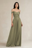 Thyme A-Line Pleated Off-the-Shoulder Chiffon Bridesmaid Dress | KISSBRIDAL