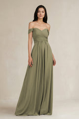 Thyme A-Line Pleated Off-the-Shoulder Chiffon Bridesmaid Dress | KISSBRIDAL