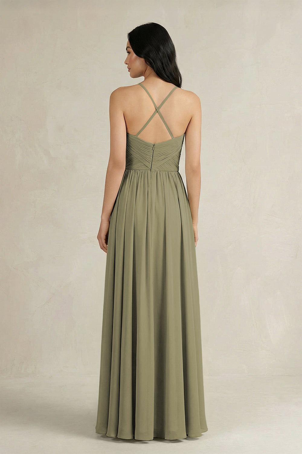 A-Line Pleated Spaghetti Strap Chiffon Bridesmaid Dress in Thyme
