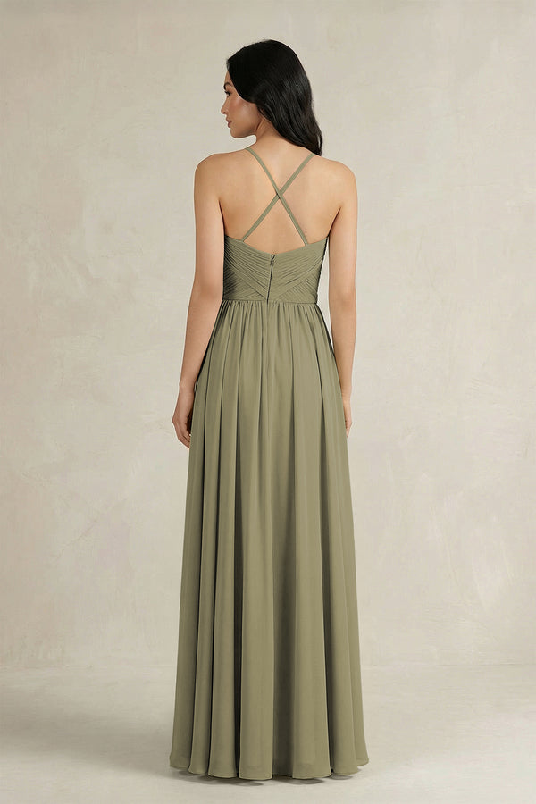 Thyme A-Line Pleated Spaghetti Strap Chiffon Bridesmaid Dress (2) | KISSBRIDAL