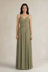 Thyme A-Line Pleated Spaghetti Strap Chiffon Bridesmaid Dress | KISSBRIDAL