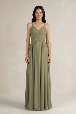 Thyme A-Line Pleated Spaghetti Strap Chiffon Bridesmaid Dress | KISSBRIDAL
