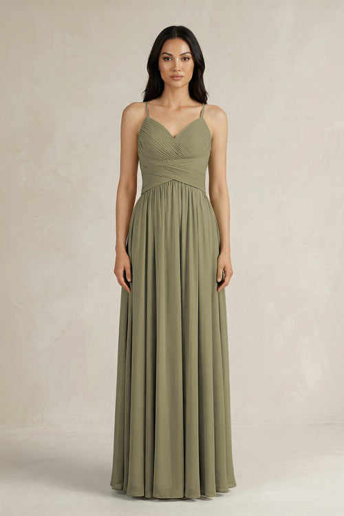 Thyme A-Line Pleated Spaghetti Strap Chiffon Bridesmaid Dress | KISSBRIDAL