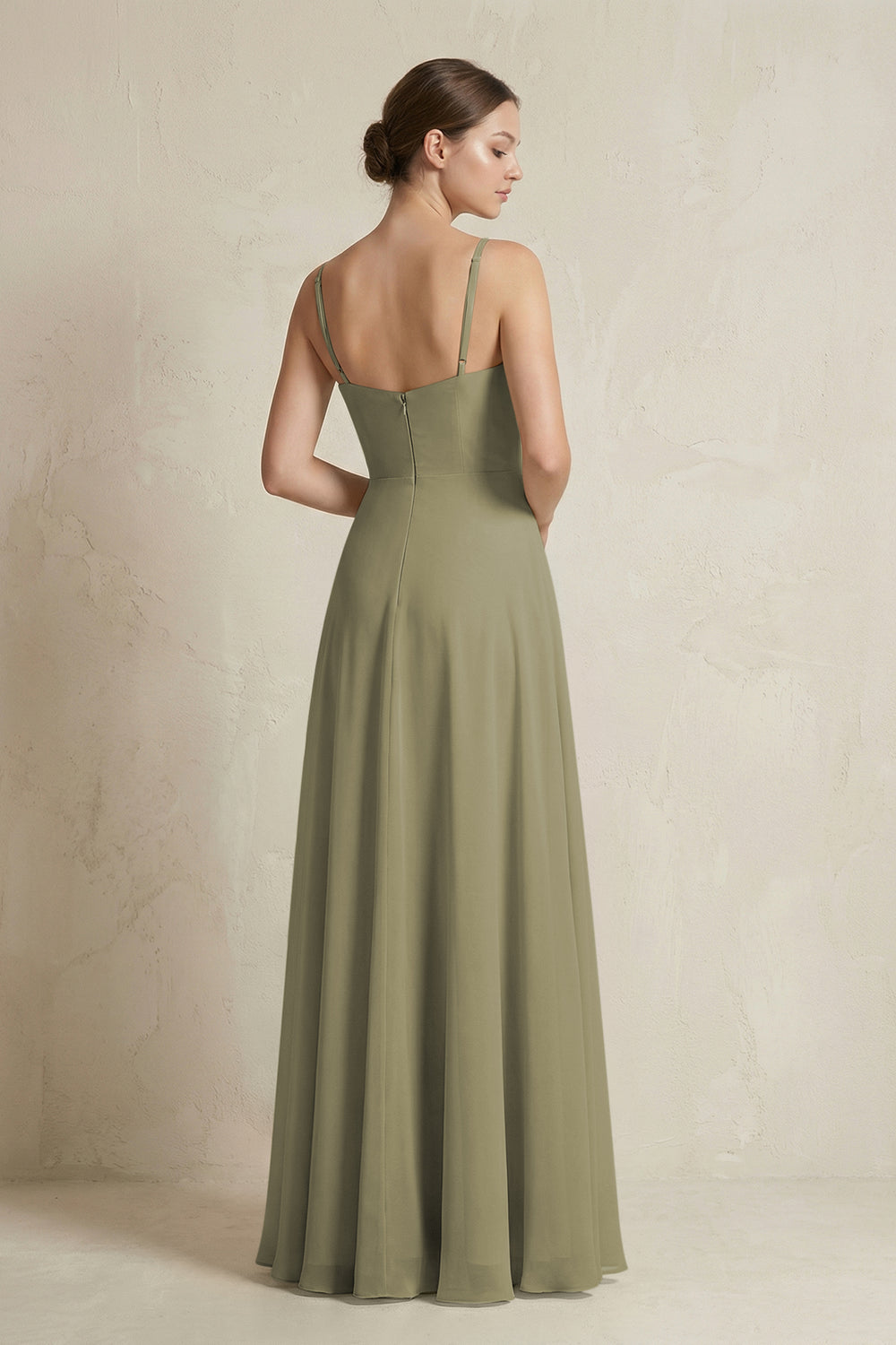 A-Line Ruffled Spaghetti Strap Chiffon Bridesmaid Dress in Thyme