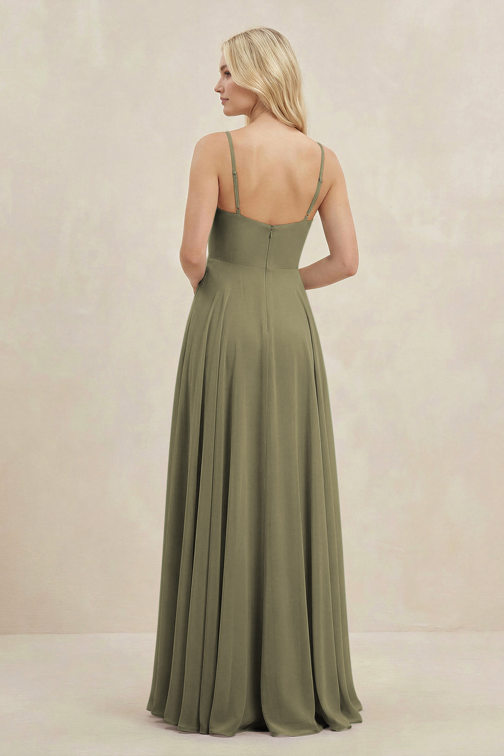 A-Line Spaghetti Strap Chiffon Bridesmaid Dress in Thyme