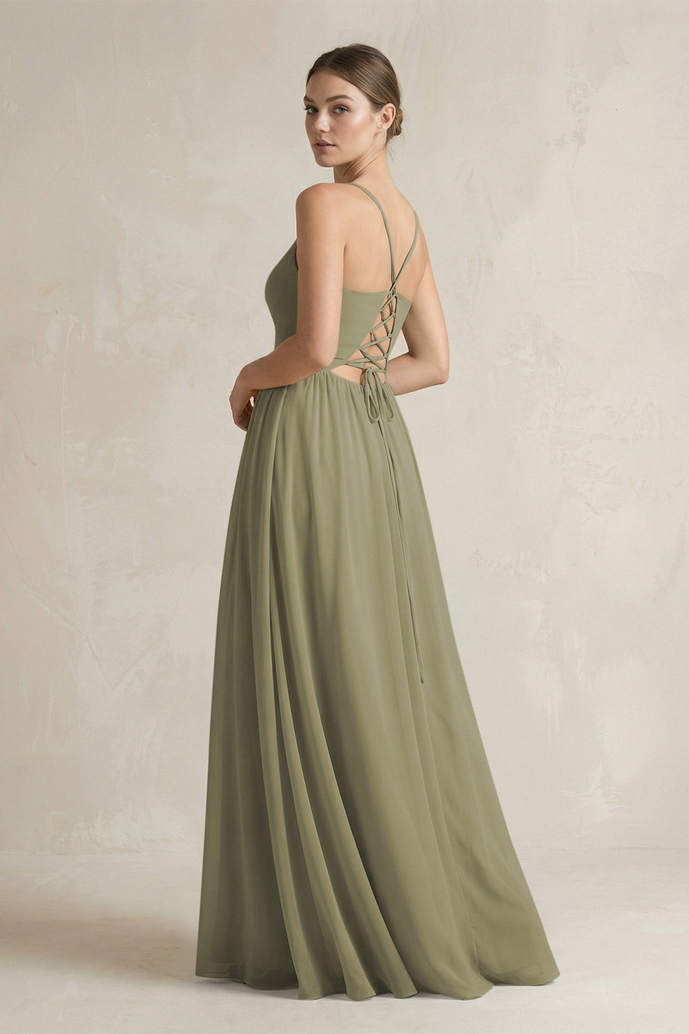 A-Line Spaghetti Strap Chiffon Bridesmaid Dress in Thyme