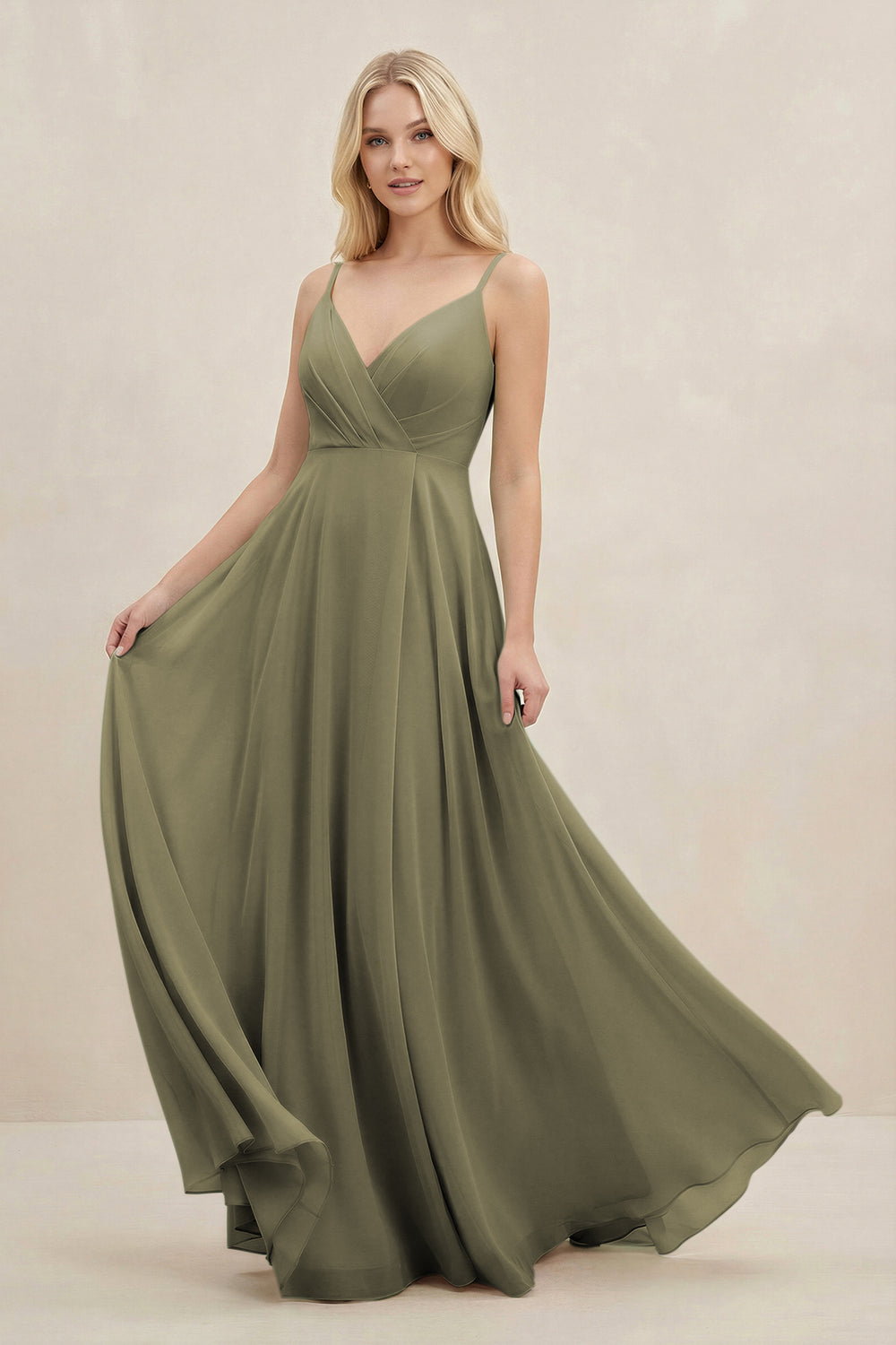 A-Line Spaghetti Strap Chiffon Bridesmaid Dress in Thyme