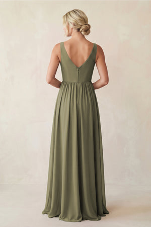 Thyme A-Line V-Neck Pleated Chiffon Bridesmaid Dress (2) | KISSBRIDAL