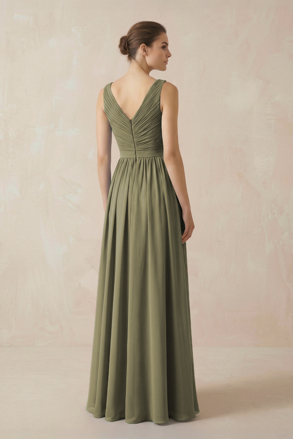 A-Line V-Neck Pleated Chiffon Bridesmaid Dress in Thyme