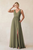 Thyme A-Line V-Neck Pleated Chiffon Bridesmaid Dress | KISSBRIDAL
