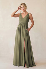 Thyme A-Line V-Neck Pleated Chiffon Bridesmaid Dress | KISSBRIDAL
