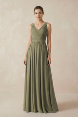 Thyme A-Line V-Neck Pleated Chiffon Bridesmaid Dress | KISSBRIDAL