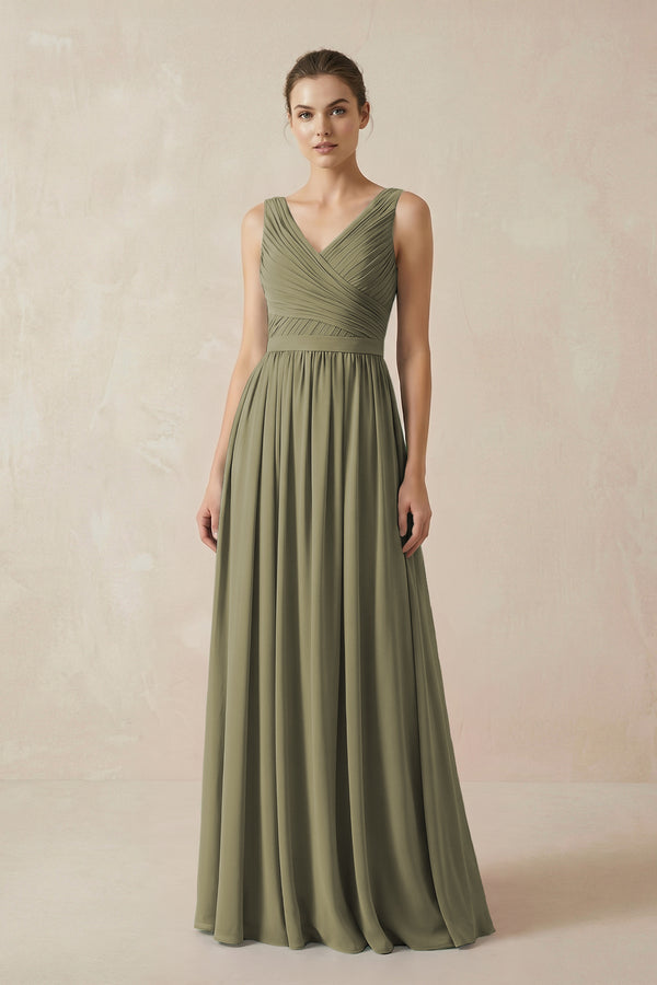 Thyme A-Line V-Neck Pleated Chiffon Bridesmaid Dress | KISSBRIDAL
