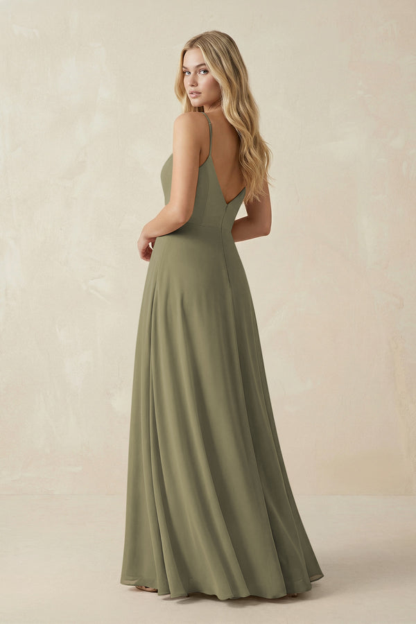 Thyme Cami Strap A-Line Chiffon Bridesmaid Dress with Slit (2) | KISSBRIDAL