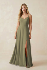 Thyme Cami Strap A-Line Chiffon Bridesmaid Dress with Slit | KISSBRIDAL