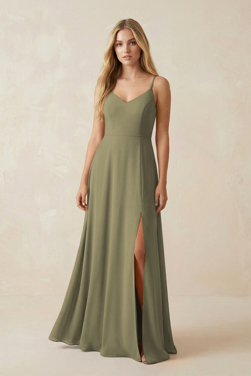Thyme Cami Strap A-Line Chiffon Bridesmaid Dress with Slit | KISSBRIDAL
