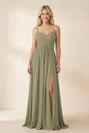Thyme Cami Strap Chiffon A-Line Bridesmaid Dress with Slit | KISSBRIDAL