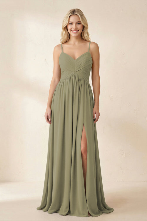 Thyme Cami Strap Chiffon A-Line Bridesmaid Dress with Slit | KISSBRIDAL
