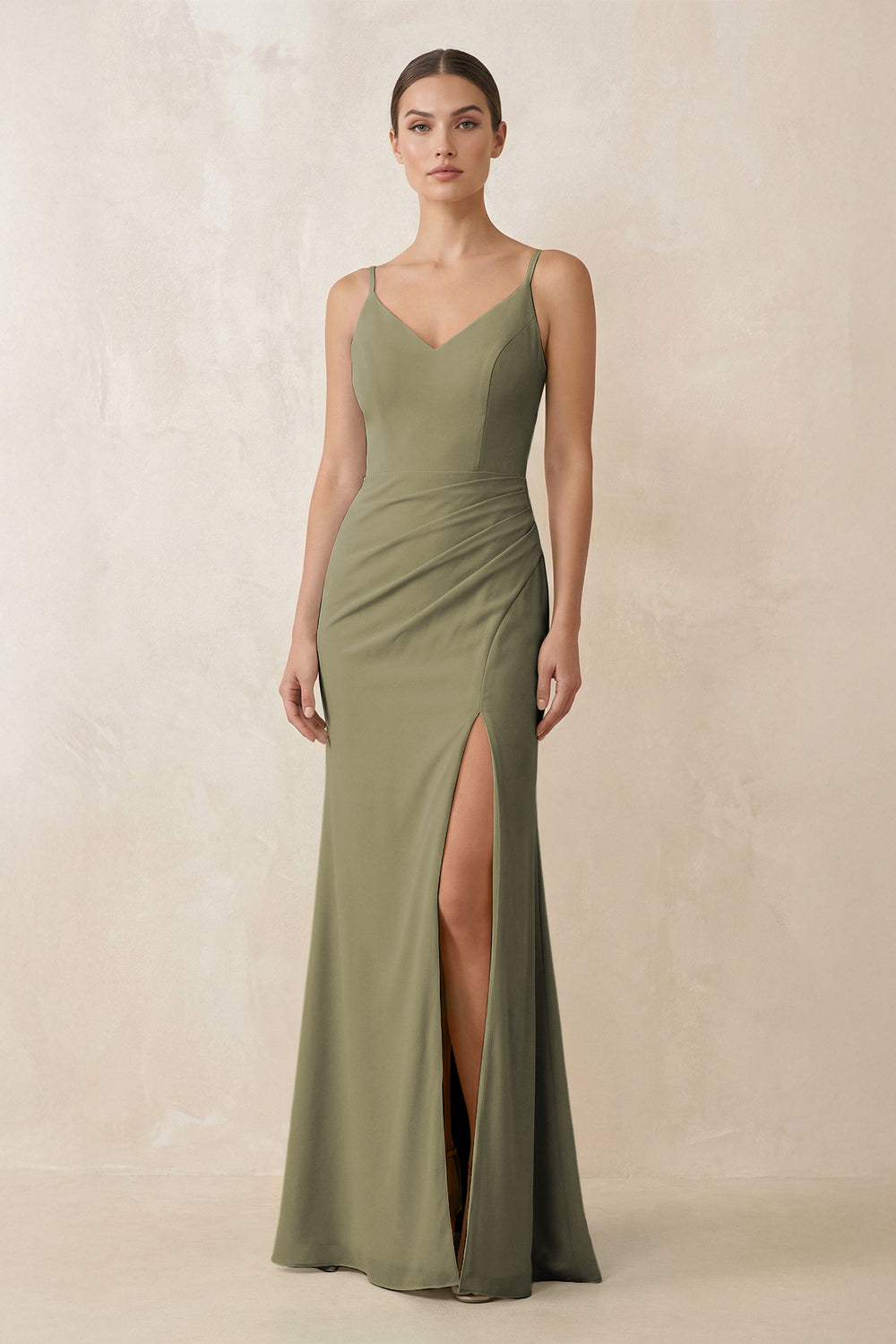 Cami Strap Chiffon Sheath Bridesmaid Gown in Thyme