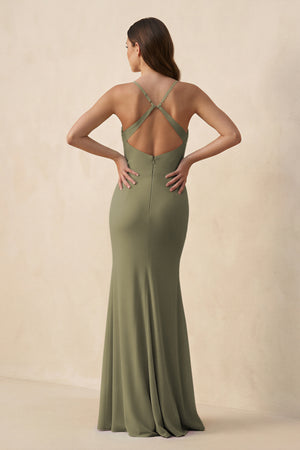 Thyme Cami Strap Sheath Chiffon Bridesmaid Dress with Slit (2) | KISSBRIDAL