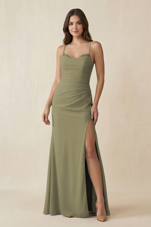 Thyme Cami Strap Sheath Chiffon Bridesmaid Dress with Slit | KISSBRIDAL