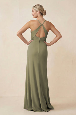 Thyme Cami Strap Sheath Ruched Bridesmaid Dress With Slit (2) | KISSBRIDAL