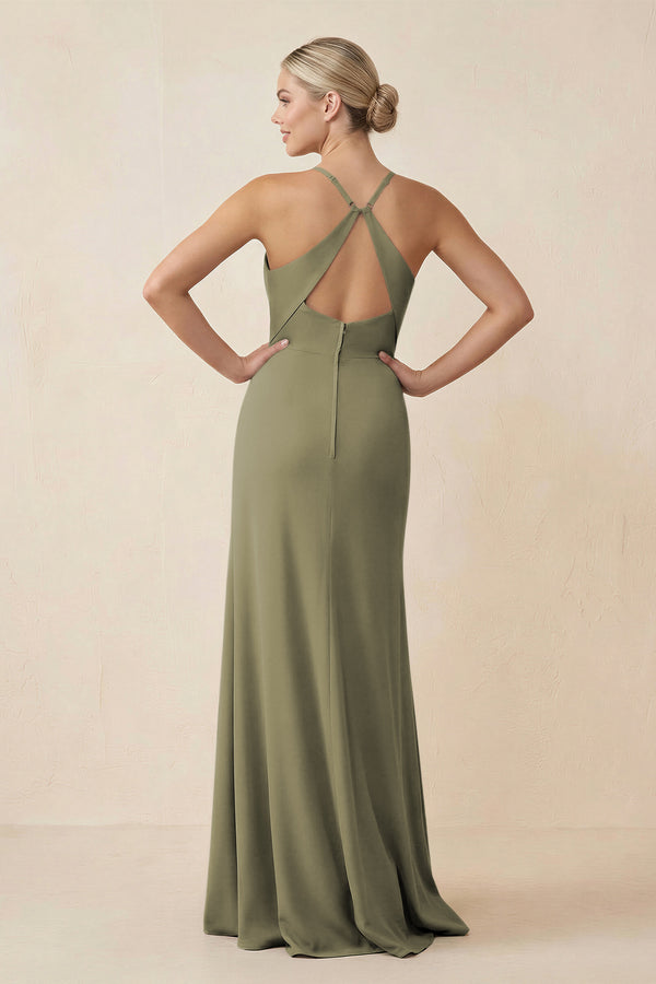 Thyme Cami Strap Sheath Ruched Bridesmaid Dress With Slit (2) | KISSBRIDAL