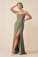 Thyme Cami Strap Sheath Ruched Bridesmaid Dress With Slit | KISSBRIDAL