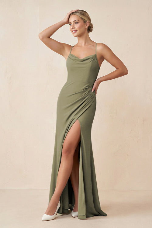 Thyme Cami Strap Sheath Ruched Bridesmaid Dress With Slit | KISSBRIDAL