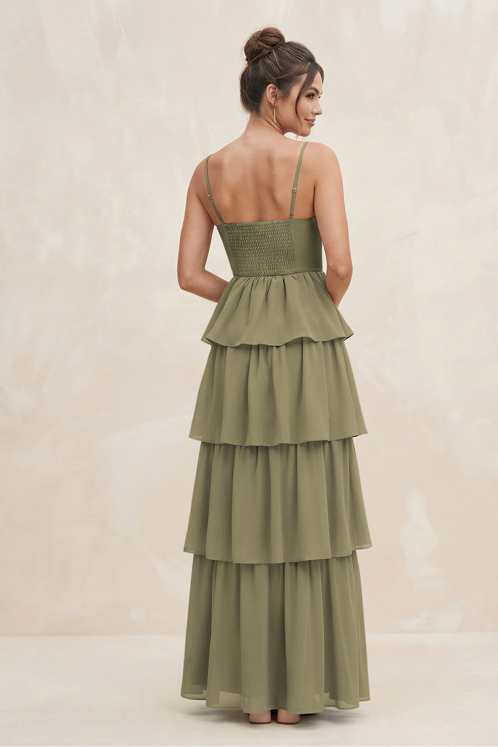 Cami Strap Tiered A-Line Chiffon Bridesmaid Dress in Thyme
