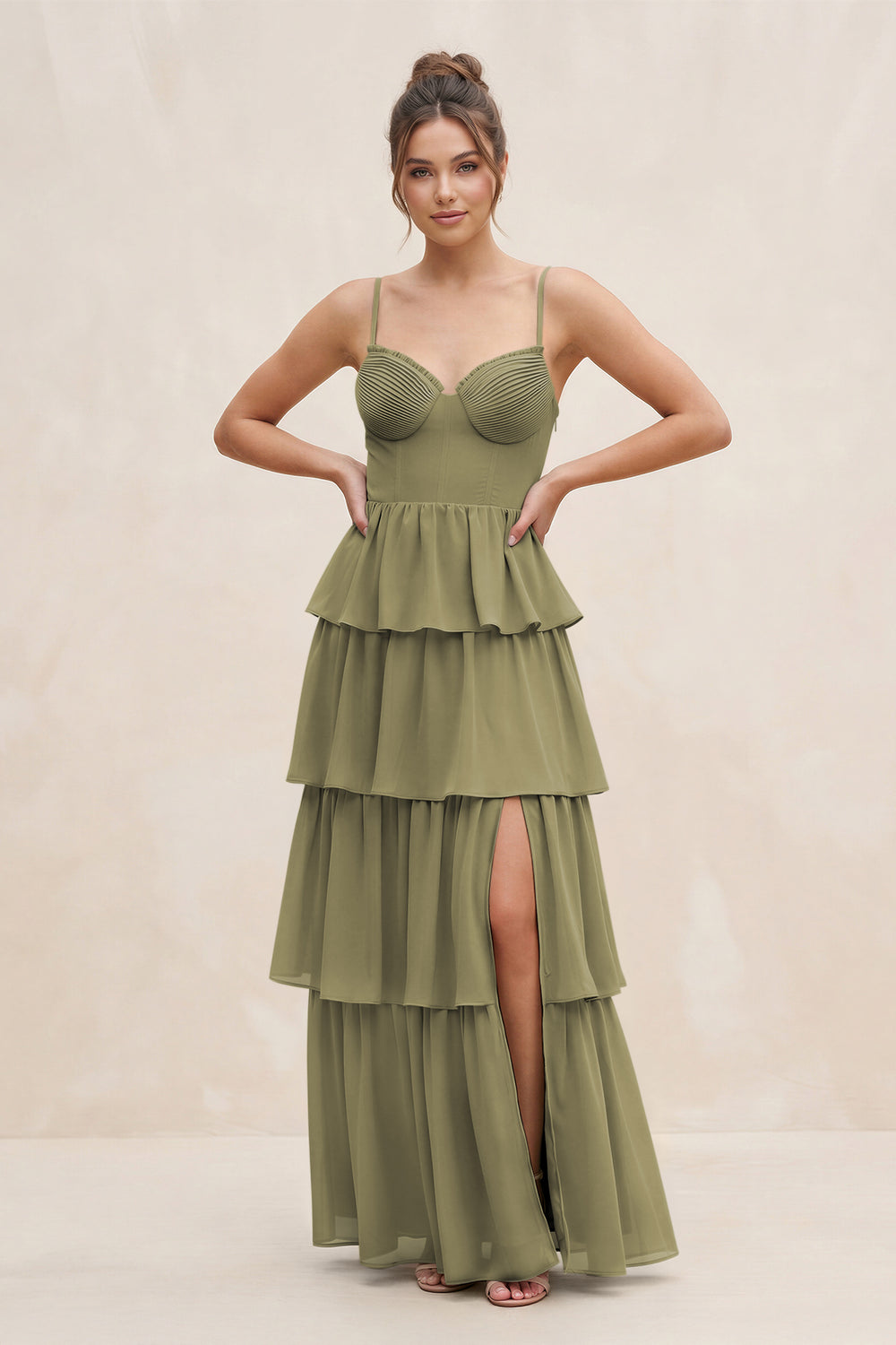 Cami Strap Tiered A-Line Chiffon Bridesmaid Dress in Thyme