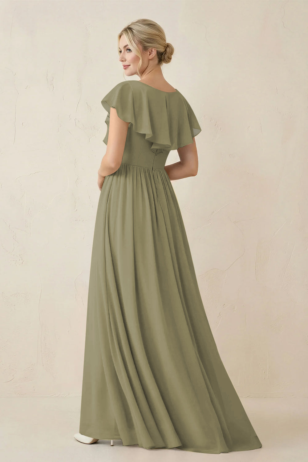 Cap Sleeve A-Line Ruffled Chiffon Bridesmaid Dress in Thyme
